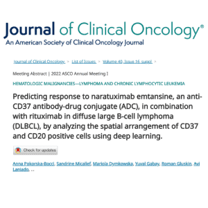 Predicting response to naratuximab emtansine, an anti-CD37 antibody-drug conjugate (ADC), in combination with rituximab in diffuse large B-cell lymphoma (DLBCL), by analyzing the spatial arrangement of CD37 and CD20 positive cells using deep learning.